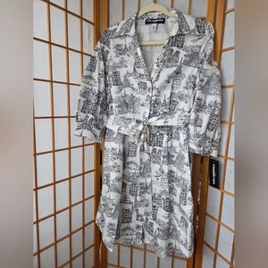 NWT KARL LAGERFELD PARIS PRINT COTTON 3/4 SLEEVE & BUTTONS BELTED SHIRT DRESS 10